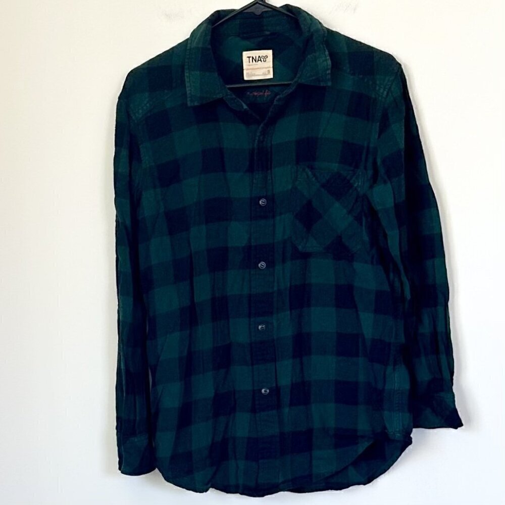 TNA Aritzia Green Black Plaid Flannel Button Down - Size: Small